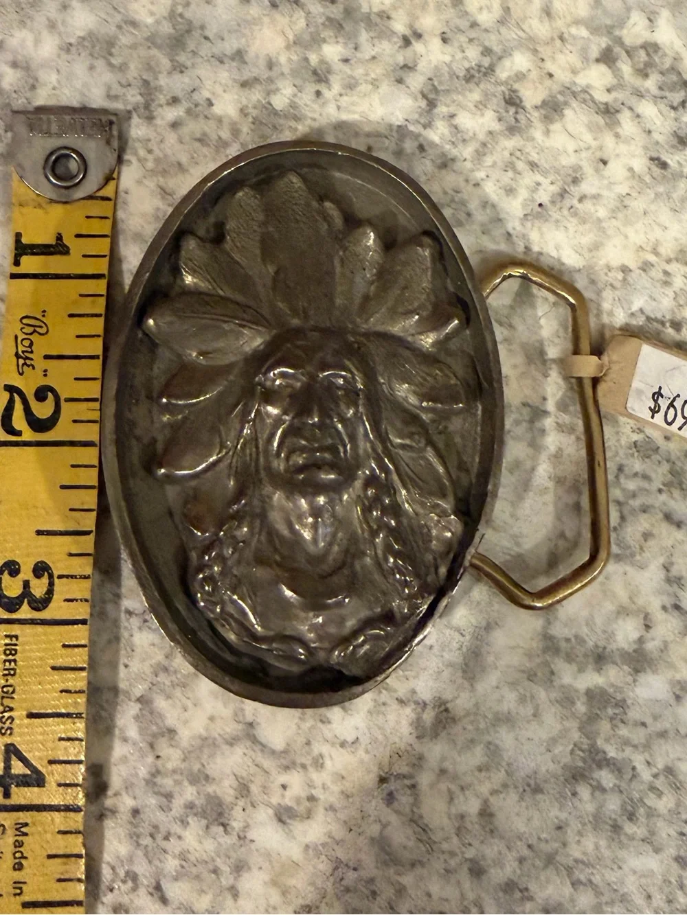 Oval Metal Belt Buckle with Headdress Design -
